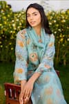 Shop_Naaz By Noor_Blue Chanderi, Cotton, Organza Embroidery Round Neck Printed Kurta Set 