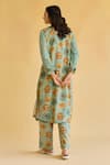 Shop_Naaz By Noor_Blue Linen Embroidery Round Neck Floral Printed Kurta And Pant Set _at_Aza_Fashions