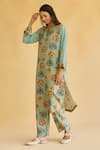 Naaz By Noor_Blue Linen Embroidery Round Neck Floral Printed Kurta And Pant Set _Online_at_Aza_Fashions