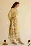 Naaz By Noor_Yellow Chanderi, Organza, Cotton Embroidery Round Neck Printed Kurta And Pant Set _at_Aza_Fashions