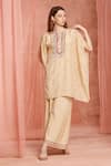 Shop_Neha Mehra_Beige Silk Tassels Round Neck Designer Kaftan And Pant Set _Online_at_Aza_Fashions