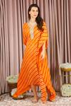 Neha Mehra_Rust Georgette Embroidery Round Neck Striped Orange Kaftan _at_Aza_Fashions