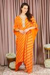 Buy_Neha Mehra_Rust Georgette Embroidery Round Neck Striped Orange Kaftan 