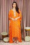 Buy_Neha Mehra_Rust Georgette Embroidery Round Neck Striped Orange Kaftan _at_Aza_Fashions