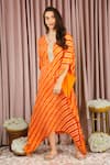 Shop_Neha Mehra_Rust Georgette Embroidery Round Neck Striped Orange Kaftan 