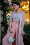 Shop_Neha Mehra_Peach Georgette Sequins Open , Round Draped Skirt Cape Set _at_Aza_Fashions