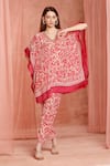 Buy_Neha Mehra_Red Crepe Fringe V-neck Designer Kaftan And Pant Set _at_Aza_Fashions