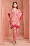 Buy_Neha Mehra_Red Crepe Fringe V-neck Designer Kaftan And Pant Set _Online_at_Aza_Fashions