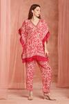 Shop_Neha Mehra_Red Crepe Fringe V-neck Designer Kaftan And Pant Set _at_Aza_Fashions