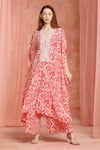 Neha Mehra_Red Crepe Embroidery V-neck Printed Kaftan And Pant Set _Online_at_Aza_Fashions