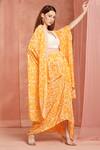 Neha Mehra_Orange Crepe Open , Scoop Cape And Draped Skirt Set _Online_at_Aza_Fashions