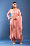 Samyukta Singhania_Peach Chanderi Cotton Embroidery Round Neck Chikankari Kurta Set _at_Aza_Fashions