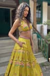 Basil Leaf_Yellow Tussar, Chiffon Embroidery V-neck Lehenga Set _Online_at_Aza_Fashions