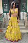 Shop_Basil Leaf_Yellow Tussar, Chiffon Embroidery V-neck Lehenga Set _Online_at_Aza_Fashions