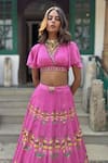 Basil Leaf_Fuchsia Chiffon Embroidery Round Neck Lehenga Set _Online_at_Aza_Fashions