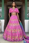 Buy_Basil Leaf_Fuchsia Chiffon Embroidery Round Neck Lehenga Set _at_Aza_Fashions