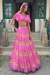 Buy_Basil Leaf_Fuchsia Chiffon Embroidery Round Neck Lehenga Set _Online_at_Aza_Fashions
