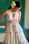 Basil Leaf_Beige Chiffon Round Neck Floral Embroidered Lehenga Set _Online_at_Aza_Fashions
