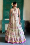Buy_Basil Leaf_Beige Chiffon Round Neck Floral Embroidered Lehenga Set _Online_at_Aza_Fashions