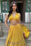 Basil Leaf_Yellow Embroidery, Sequins V-neck Lehenga Set _Online_at_Aza_Fashions