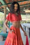 Buy_Basil Leaf_Orange Chiffon Sequins, Embroidery, Beads Round Neck Designer Lehenga Set _Online_at_Aza_Fashions