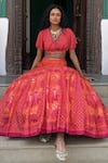 Basil Leaf_Orange Chiffon Sequins, Embroidery, Beads Round Neck Designer Lehenga Set _at_Aza_Fashions