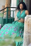 Buy_Basil Leaf_Aqua Tussar, Silk, Chiffon Embroidery V-neck Floral Lehenga Set _Online_at_Aza_Fashions