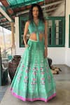 Shop_Basil Leaf_Aqua Tussar, Silk, Chiffon Embroidery V-neck Floral Lehenga Set _Online_at_Aza_Fashions