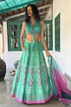 Buy_Basil Leaf_Aqua Tussar, Silk, Chiffon Embroidery V-neck Floral Lehenga Set _at_Aza_Fashions
