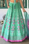 Basil Leaf_Aqua Tussar, Silk, Chiffon Embroidery V-neck Floral Lehenga Set _at_Aza_Fashions