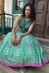 Buy_Basil Leaf_Aqua Tussar, Silk, Chiffon Embroidery V-neck Floral Lehenga Set 