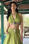 Basil Leaf_Green Tussar, Chiffon Sequins, Embroidery, Beads Halter Neck Lehenga Set _Online_at_Aza_Fashions