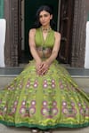 Basil Leaf_Green Tussar, Chiffon Sequins, Embroidery, Beads Halter Neck Lehenga Set _at_Aza_Fashions