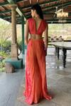 Shop_Basil Leaf_Orange Chiffon Embroidery, Sequins V-neck Designer Top And Pant Set _at_Aza_Fashions