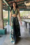 Buy_Basil Leaf_Green Chiffon Embroidery V-neck Floral Print Top And Gajji Satin Pant _Online_at_Aza_Fashions
