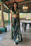 Buy_Basil Leaf_Green Chiffon Embroidery V-neck Floral Print Top And Gajji Satin Pant _at_Aza_Fashions