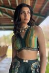 Basil Leaf_Green Chiffon Embroidery V-neck Floral Print Top And Gajji Satin Pant _at_Aza_Fashions