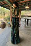 Shop_Basil Leaf_Green Chiffon Embroidery V-neck Floral Print Top And Gajji Satin Pant _at_Aza_Fashions