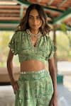 Basil Leaf_Mint Chiffon V-neck Green Top And Pant Set _at_Aza_Fashions