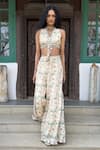 Buy_Basil Leaf_Beige Chiffon Beads, Embroidery Halter Neck Floral Print Top And Pant Set _at_Aza_Fashions