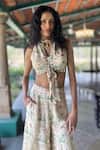 Buy_Basil Leaf_Beige Chiffon Beads, Embroidery Halter Neck Floral Print Top And Pant Set _Online_at_Aza_Fashions