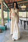 Shop_Basil Leaf_Beige Chiffon Beads, Embroidery Halter Neck Floral Print Top And Pant Set _Online_at_Aza_Fashions