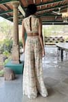 Shop_Basil Leaf_Beige Chiffon Beads, Embroidery Halter Neck Floral Print Top And Pant Set _at_Aza_Fashions
