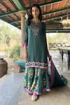 Buy_Basil Leaf_Green Chiffon Embroidery Round Neck Kurta Sharara Set _at_Aza_Fashions