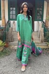Shop_Basil Leaf_Aqua Chiffon Tassels, Embroidery Round Neck Green Kurta Sharara Set _Online_at_Aza_Fashions