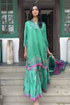 Buy_Basil Leaf_Aqua Chiffon Tassels, Embroidery Round Neck Green Kurta Sharara Set _at_Aza_Fashions