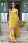 Basil Leaf_Yellow Chiffon Embroidery Round Neck Gajji Satin Kurta Sharara Set _Online_at_Aza_Fashions