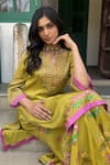 Basil Leaf_Yellow Chiffon Embroidery Round Neck Gajji Satin Kurta Sharara Set _at_Aza_Fashions
