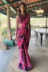 Buy_Basil Leaf_Wine Chiffon V-neck Designer Blouse And Saree Set _at_Aza_Fashions