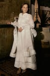 House Of Kotwara_Ivory Organza, Crepe Embroidery Mandarin Collar Chikankari Kurta Set _Online_at_Aza_Fashions